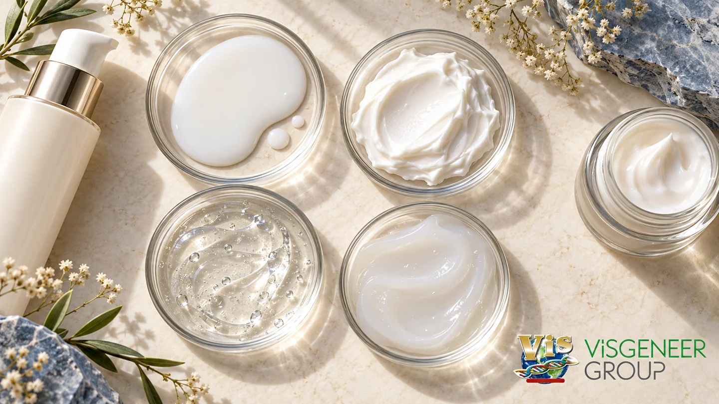 無品牌乳液泵瓶、乳霜罐與透明凝膠樣品,以不同質地呈現保濕產品開發概念