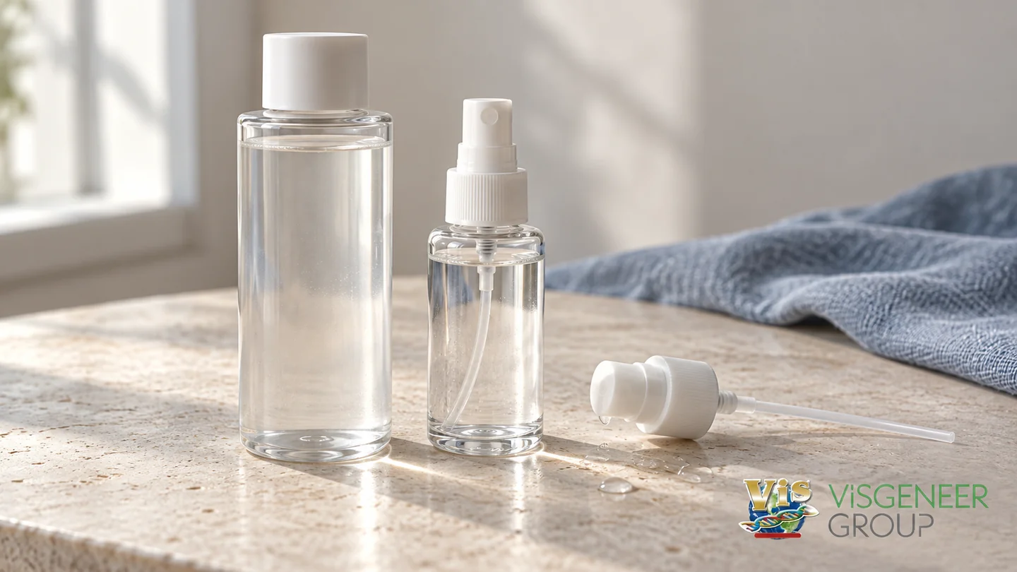 寫實自然光下的無品牌非氣霧式噴瓶、透明水性樣品與噴頭零件，呈現噴霧開發概念